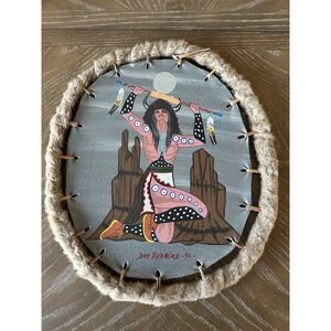 Vintage Native American Art, Set of 2 Buffalo shields on leather by Don Redbird